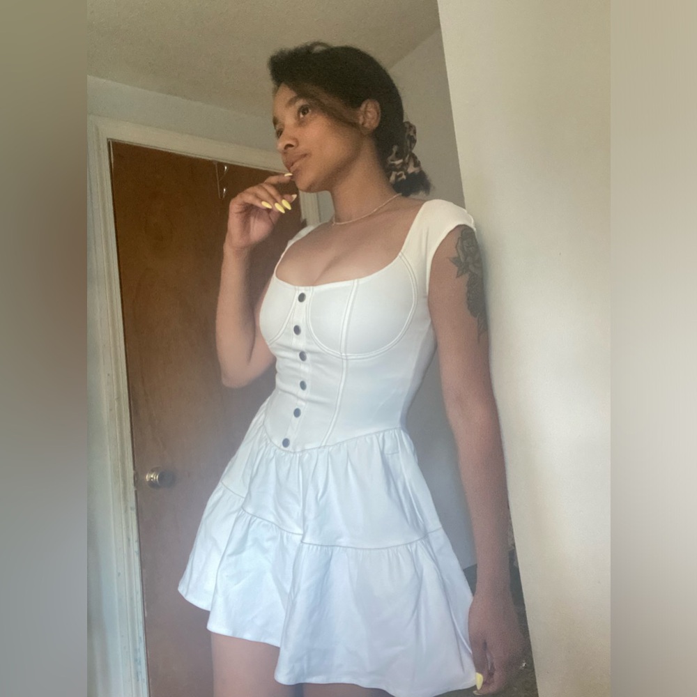 White Bustier Button-Front Tiered Mini Dress